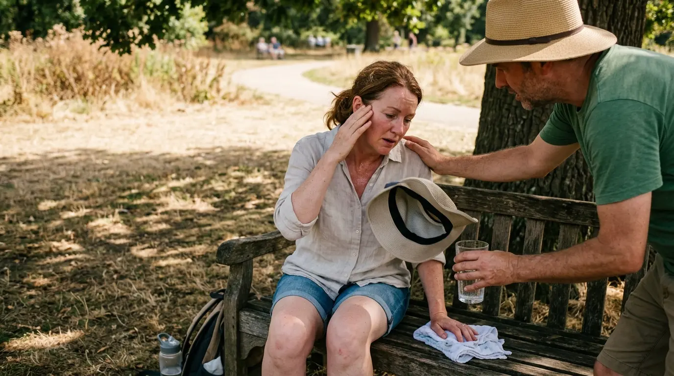 Adultes en ombre après une insolation, remède de grand-mère avec eau et linge humide, expression de fatigue et de soutien.