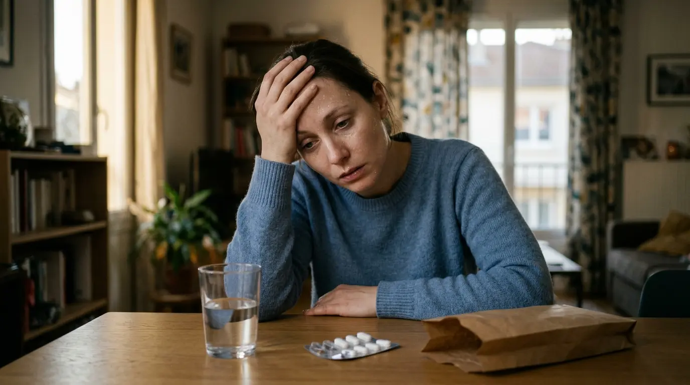 Personne ressentant un malaise vagal paracétamol, assise avec un air pâle, un verre d'eau et des comprimés à proximité.