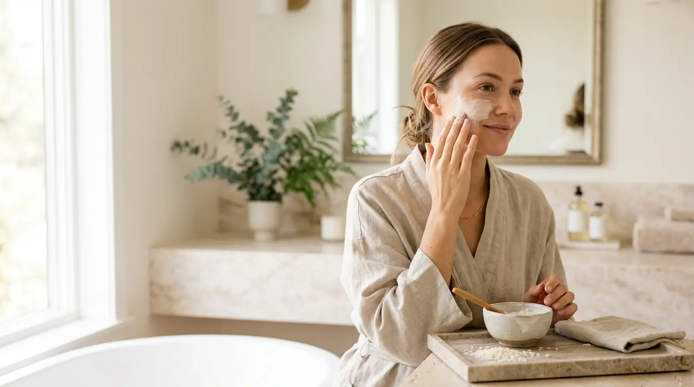 Femme appliquant un masque au riz pour visage dans une salle de bain lumineuse, ambiance naturelle et apaisante.