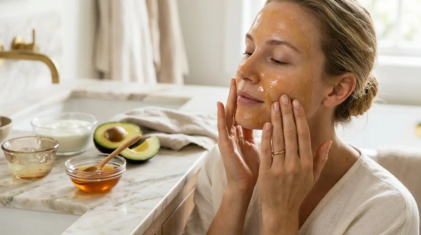 Femme appliquant un masque miel pour visage avec des ingrédients naturels dans un cadre lumineux et apaisant.