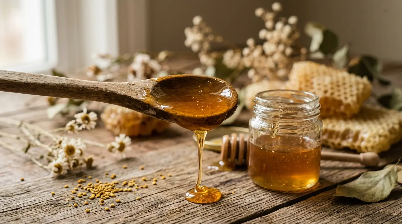 Cuillère en bois avec miel doré et pot de miel, évoquant les liens entre miel et allergie, ambiance naturelle et chaleureuse.