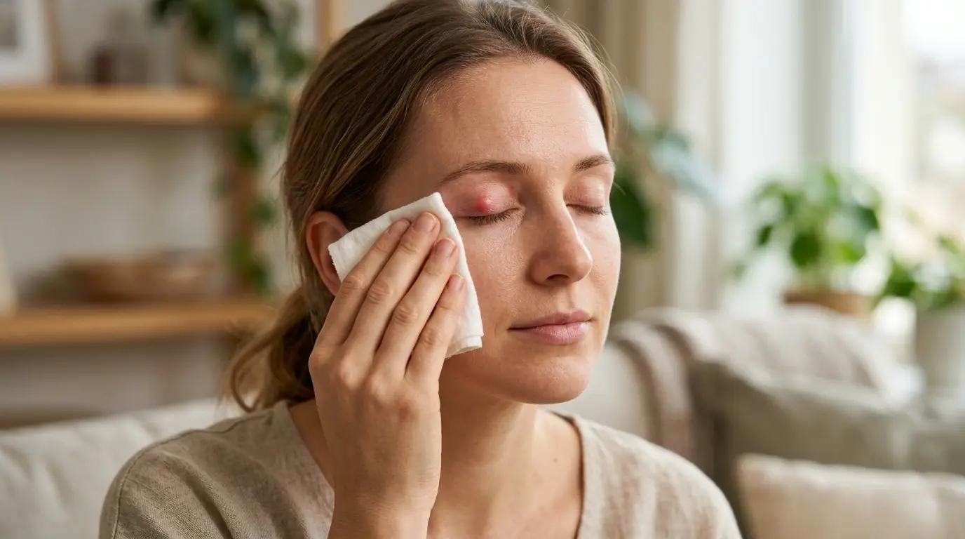 Personne avec un orgelet et homéopathie, compresses chaudes sur l'œil, ambiance apaisante et naturelle.