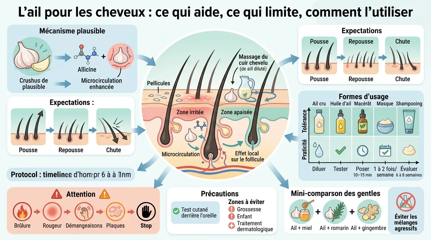 Infographie sur l'ail cheveux : mécanismes, attentes, utilisations et précautions pour favoriser la santé capillaire.