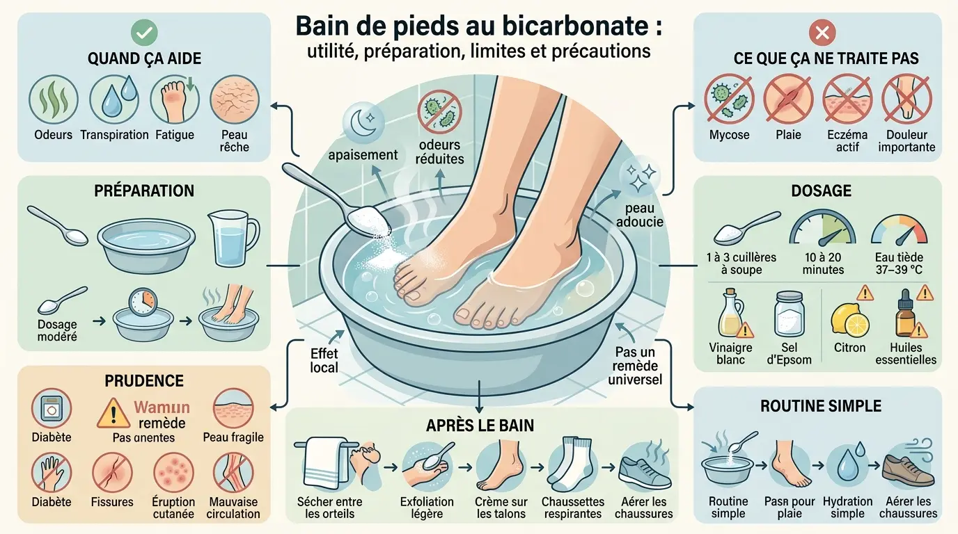 Infographie sur le bain de pieds bicarbonate, montrant préparation, bienfaits, limites et conseils pratiques.