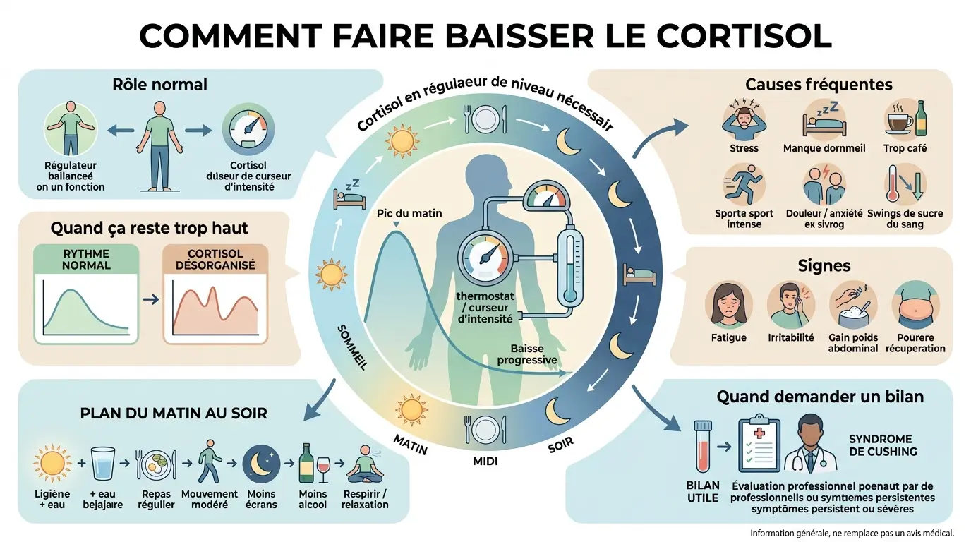 Infographie éducative sur comment faire baisser cortisol, illustrant le rythme quotidien, causes, signes et solutions.