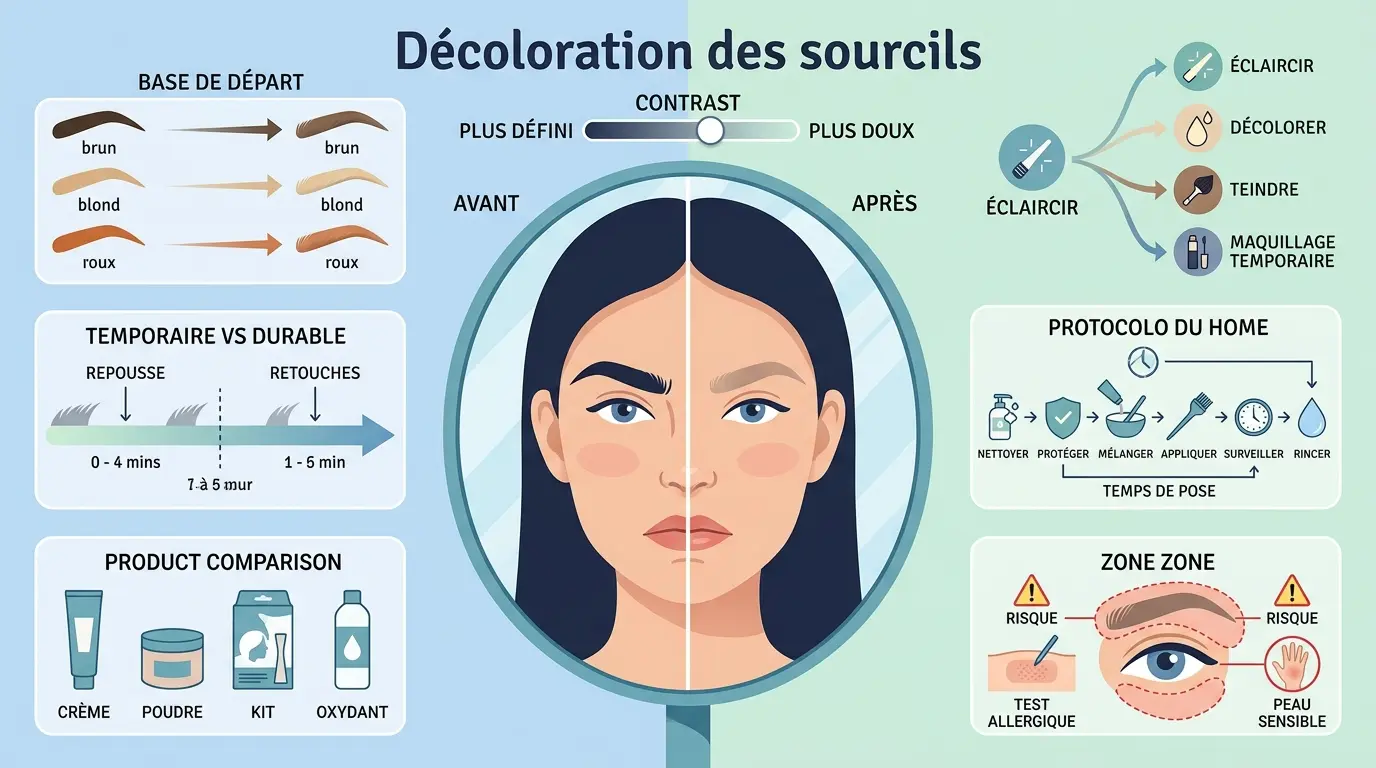 Infographie éducative sur la décoloration des sourcils, montrant un visage avec sourcils foncés et éclaircis, et des explications visuelles.