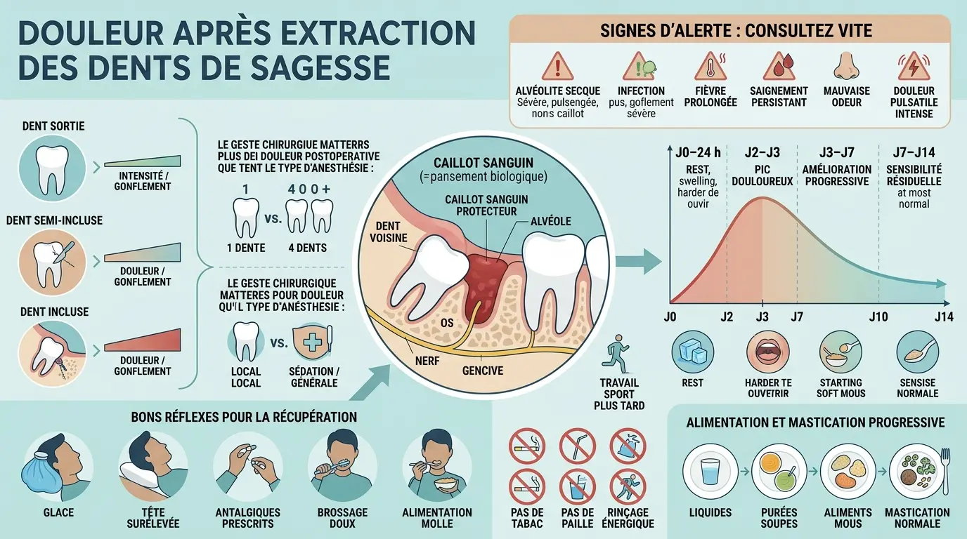 Infographie éducative sur l'extraction dents de sagesse douleur, montrant étapes, douleur, soins et signes d'alerte.