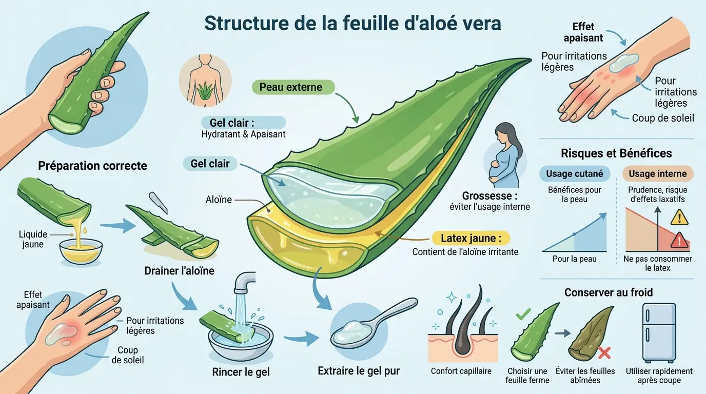 Infographie éducative sur la feuille d aloe vera, montrant sa structure, ses bienfaits et son utilisation sécurisée.