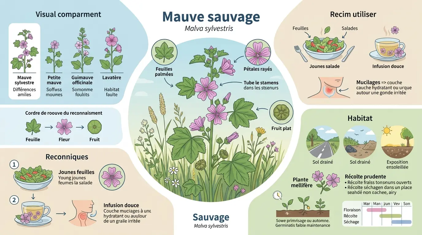 Infographie éducative sur la reconnaissance et l'utilisation de la fleur mauve sauvage, avec illustrations botaniques et conseils pratiques.