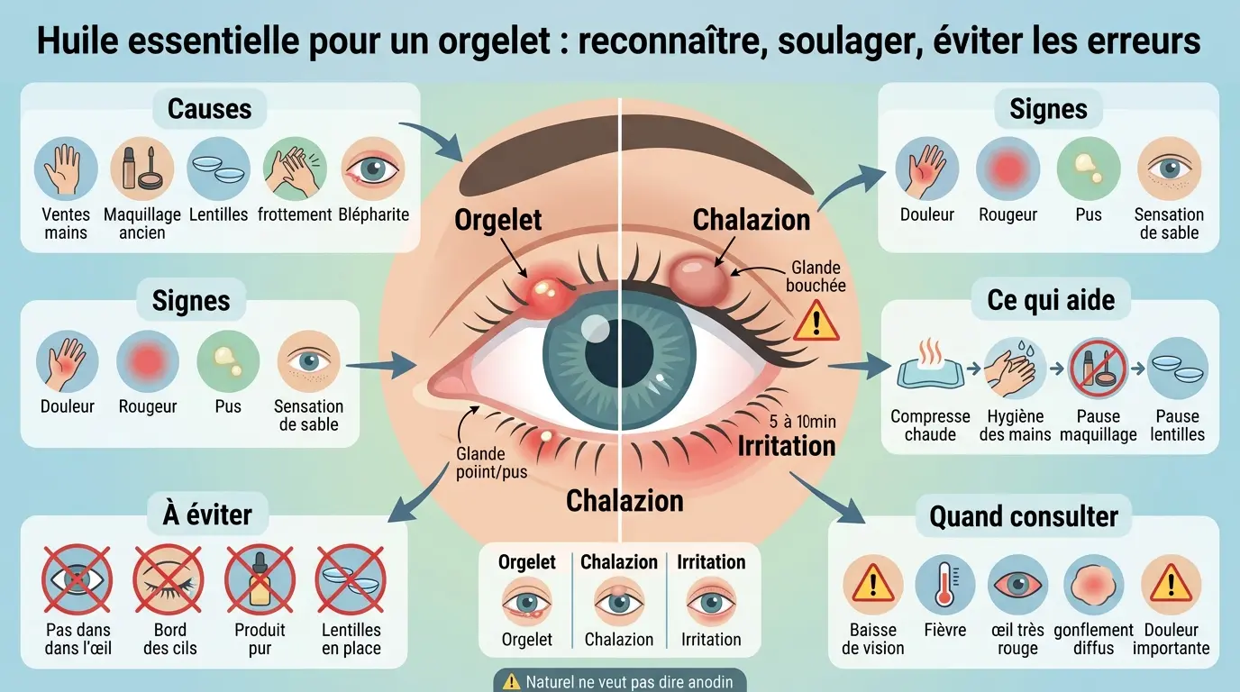 Infographie éducative sur l'huile essentielle orgelet, illustrant causes, signes, solutions et erreurs à éviter.