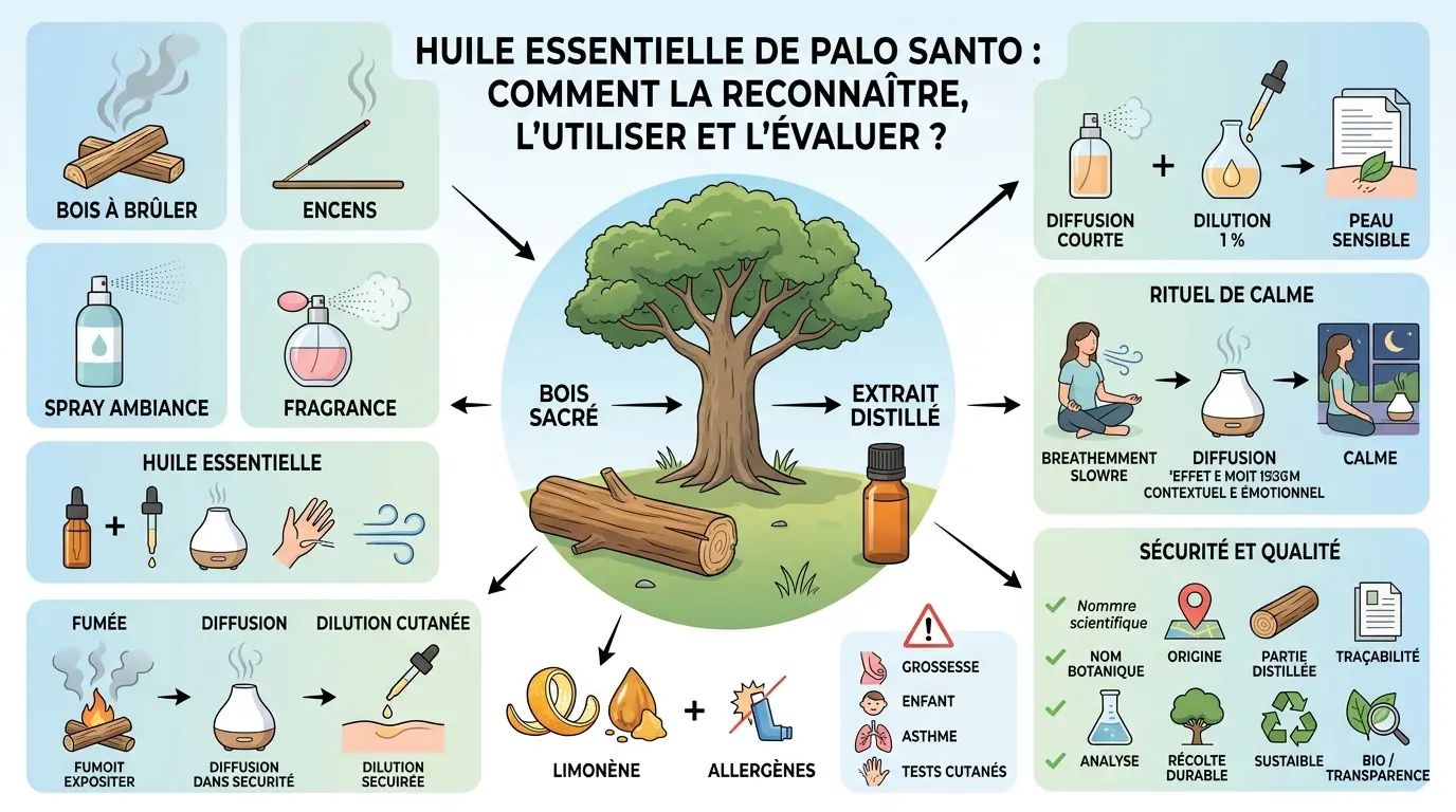 Infographie éducative sur l'huile essentielle palo santo, montrant la transformation du bois sacré en extrait distillé et ses usages.