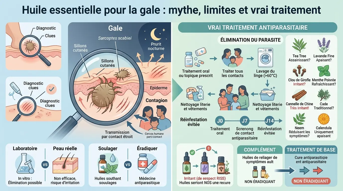 Infographie éducative sur huile essentielle pour la gale, montrant traitement, contagion et effets des huiles essentielles.