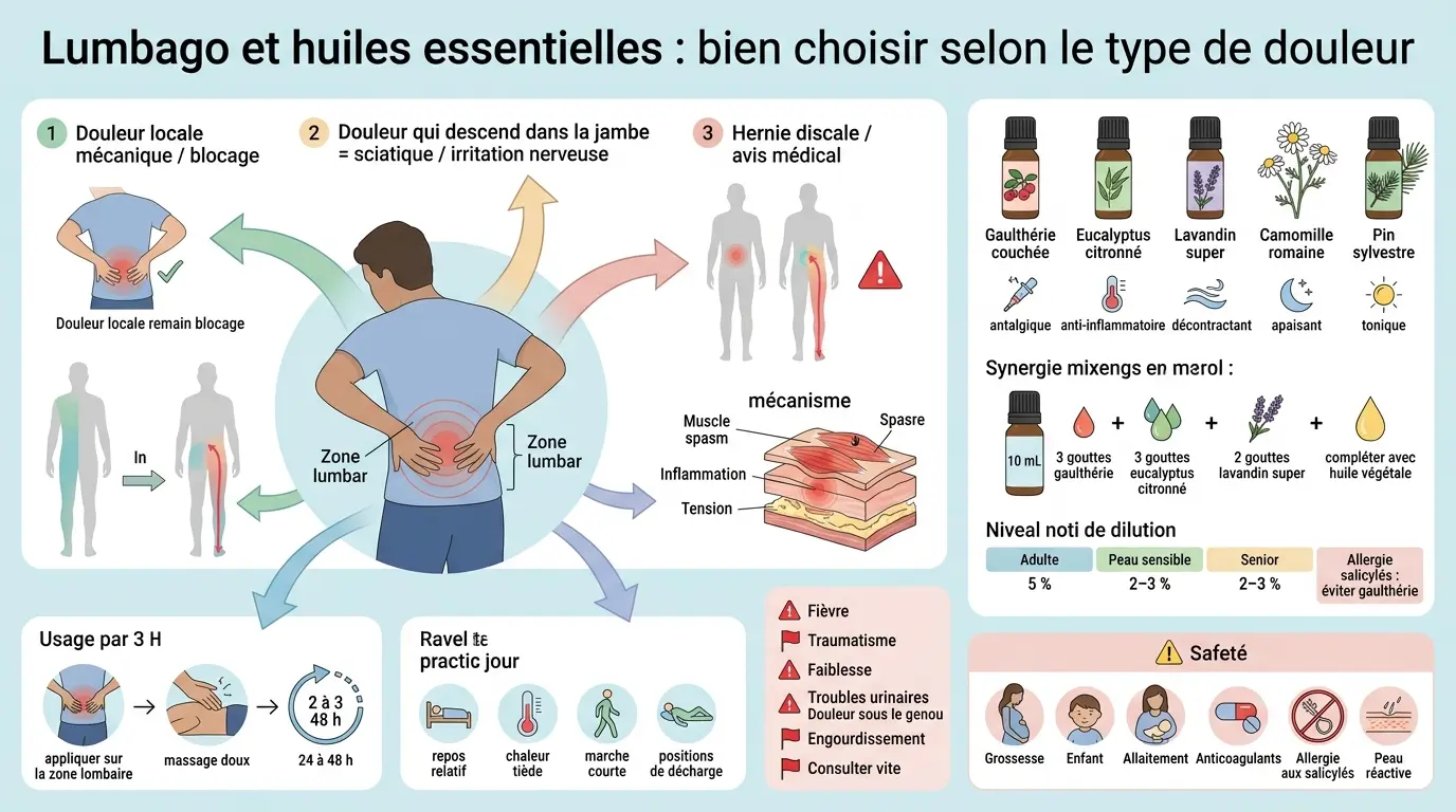 Infographie éducative sur l'huile essentielle pour lumbago, présentant types de douleurs et huiles recommandées.