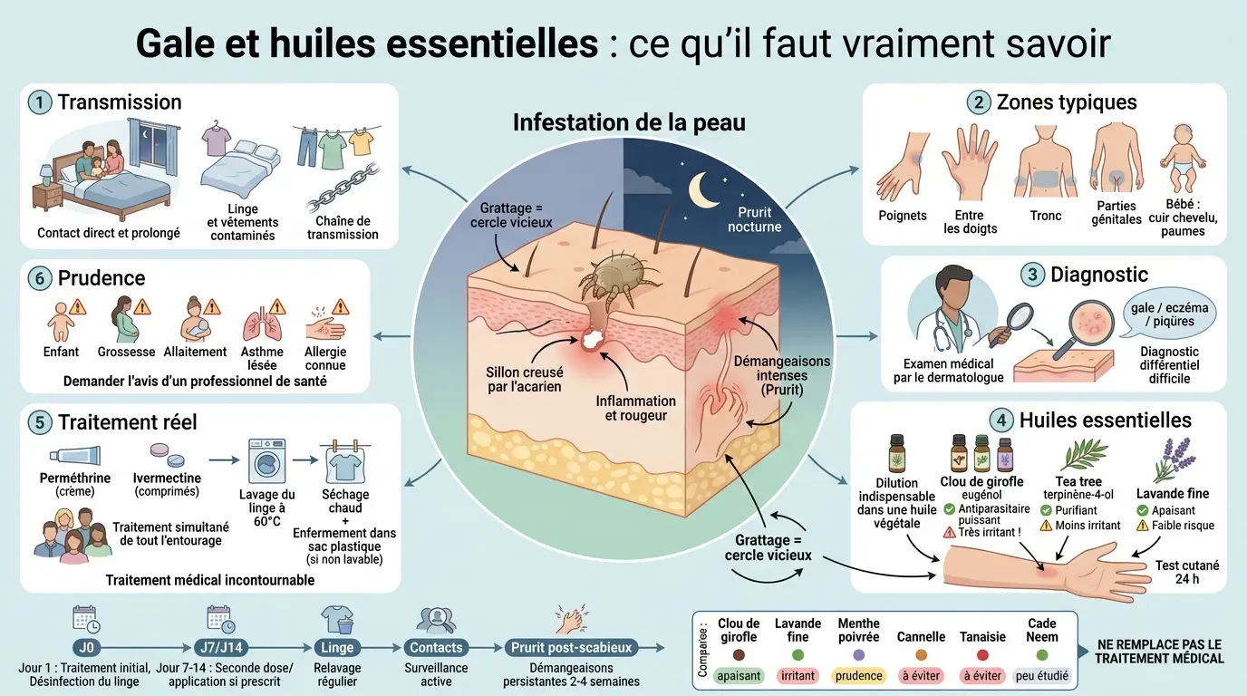 Infographie éducative sur la gale, montrant les huiles essentielles gale, le cycle de démangeaison et les traitements.