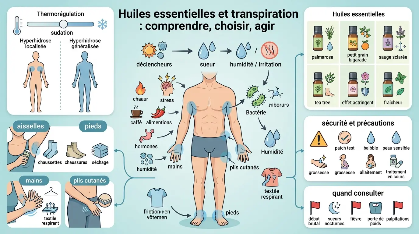 Infographie éducative sur huiles essentielles et transpiration, illustrant causes, solutions et précautions pour gérer la sudation.