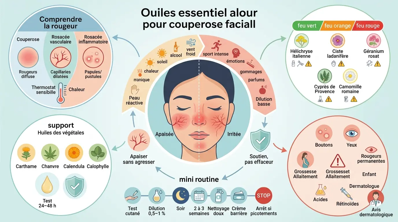 Infographie éducative sur les huiles essentielles pour couperose, illustrant les zones rouges du visage et les huiles recommandées.