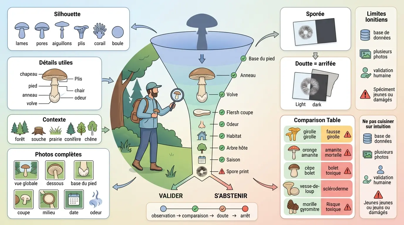 Infographie éducative sur comment identifier les champignons, avec un forager utilisant un filtre de décision et des comparaisons visuelles.