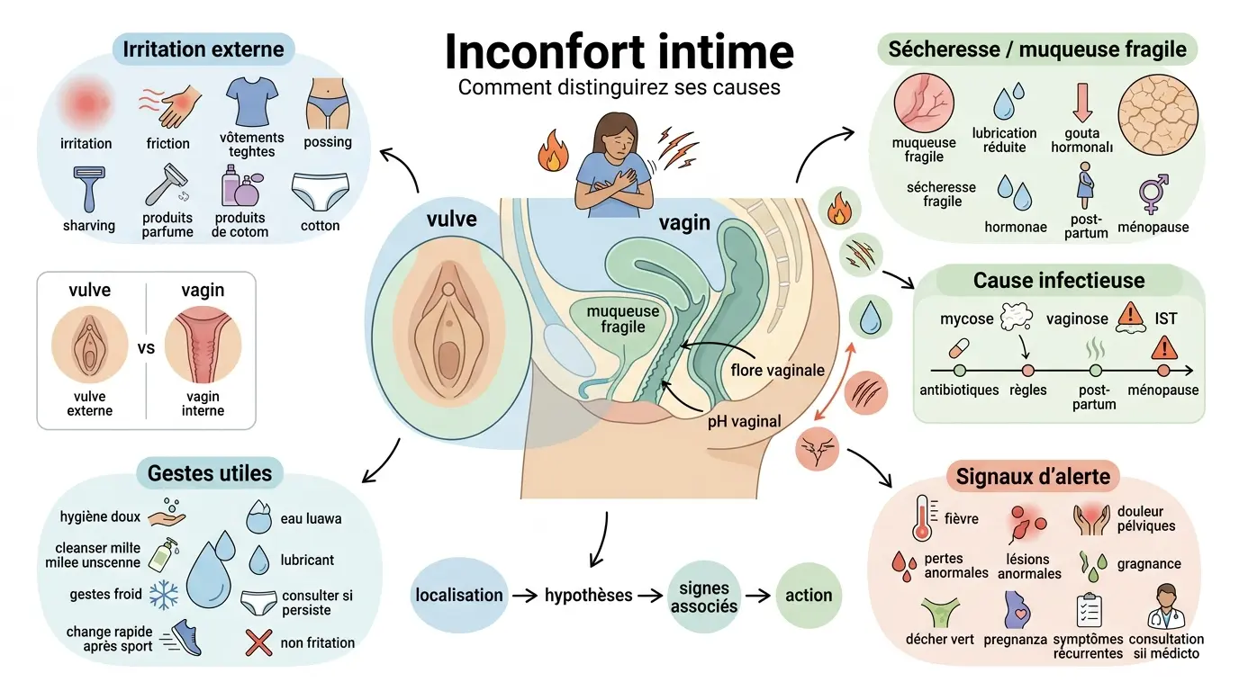 Infographie éducative sur l'inconfort intime, illustrant anatomie, causes et solutions avec des visuels clairs et colorés.