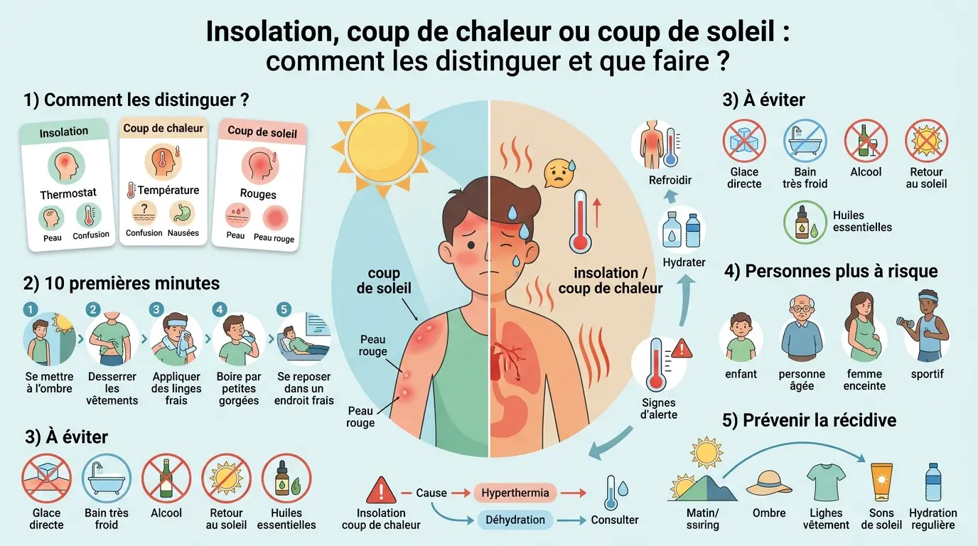 Infographie éducative sur l'insolation que faire remède de grand-mère, distinguant coup de chaleur et coup de soleil avec conseils pratiques.