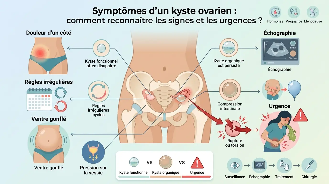 Infographie éducative illustrant les symptômes d'un kyste aux ovaires, incluant douleur, règles irrégulières et urgences.
