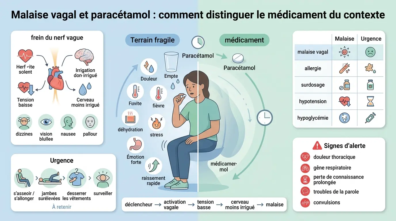 Infographie éducative sur le malaise vagal paracétamol, illustrant les déclencheurs et les actions à entreprendre.