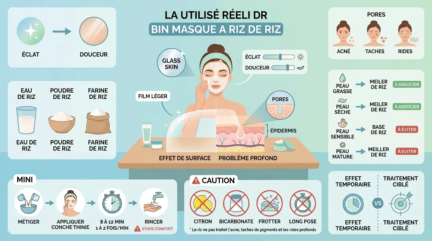 Infographie éducative sur le masque au riz pour visage, ses bienfaits, limites et étapes d'application.