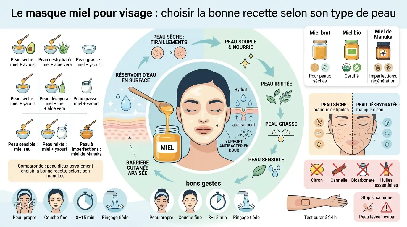 Infographie éducative sur le masque miel pour visage, montrant recettes selon types de peau et conseils d'application.