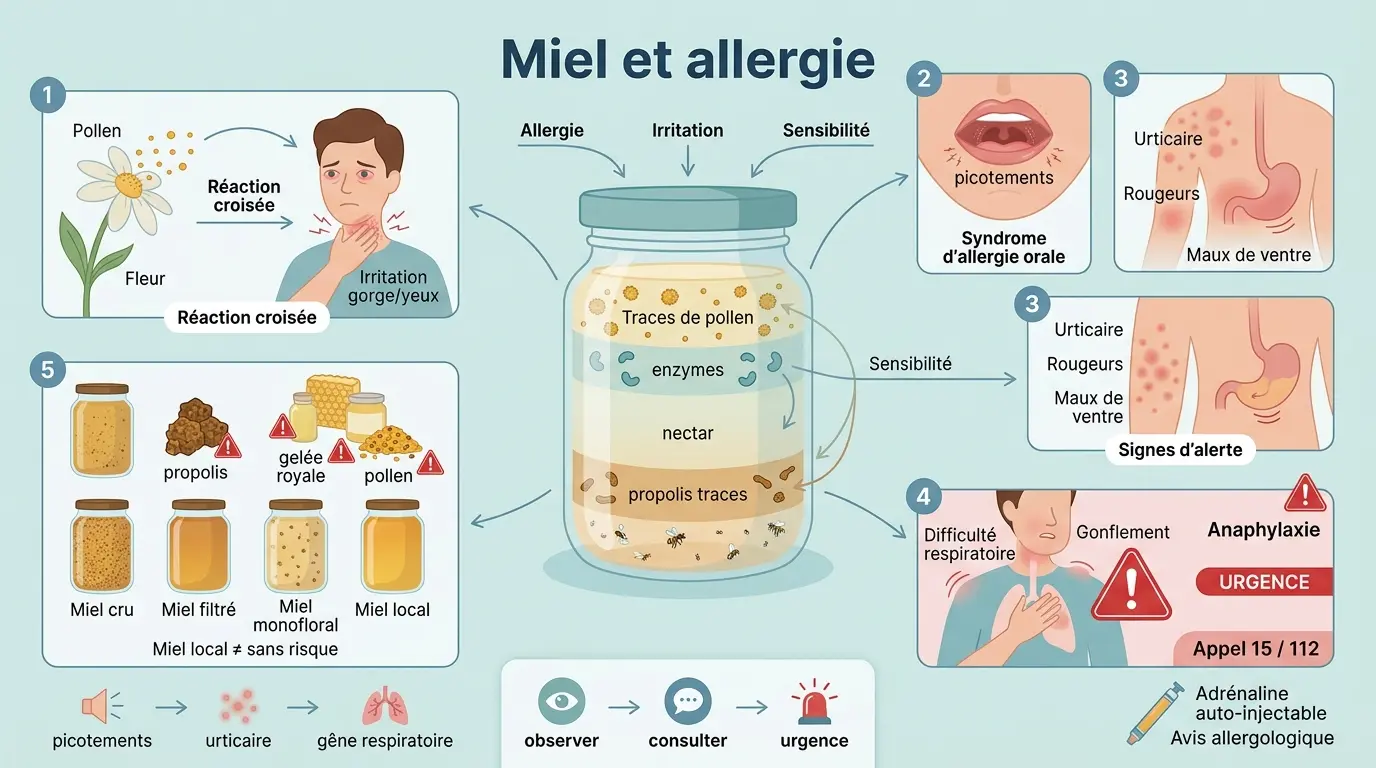 Infographie éducative sur miel et allergie, illustrant réactions allergiques, types de miel et produits de la ruche.