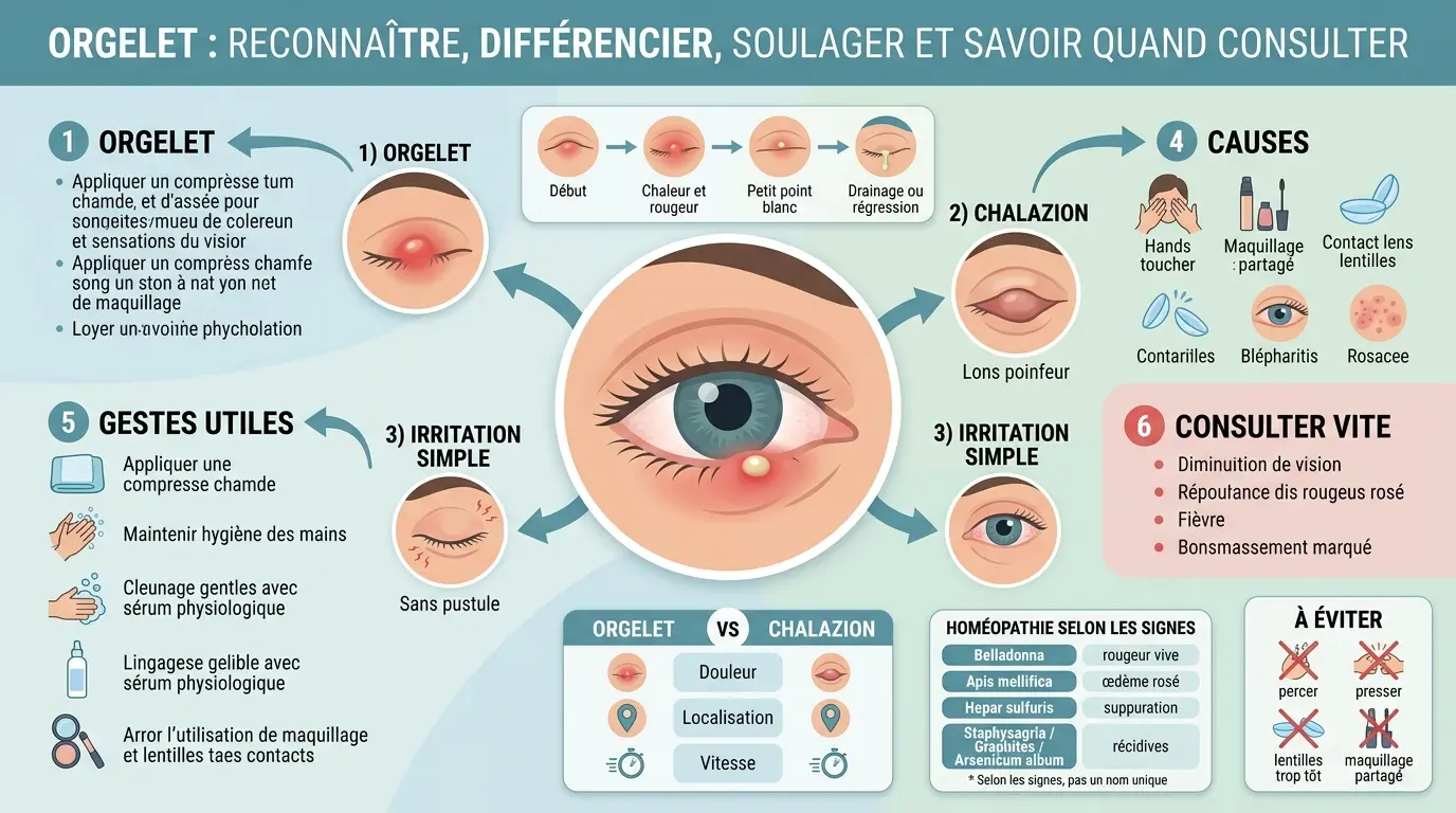 Infographie éducative sur orgelet et homéopathie, montrant les symptômes, différences et traitements visuels.