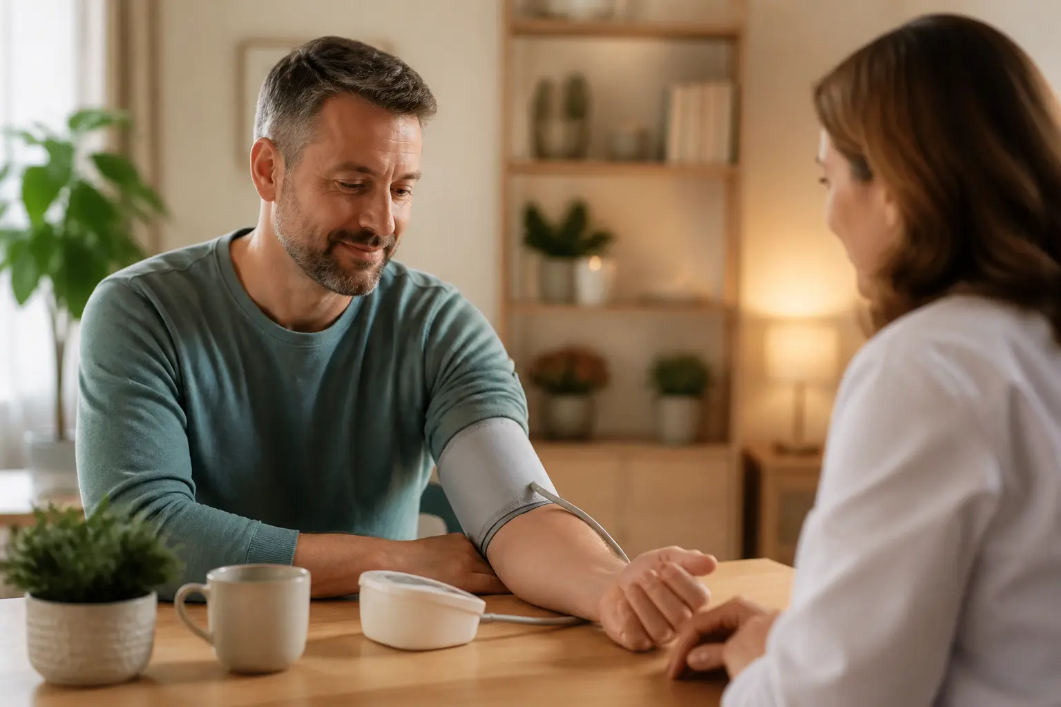 Calme adulte avec tensiomètre au bras, médecin à proximité, contexte rassurant autour de 12 7 de tension
