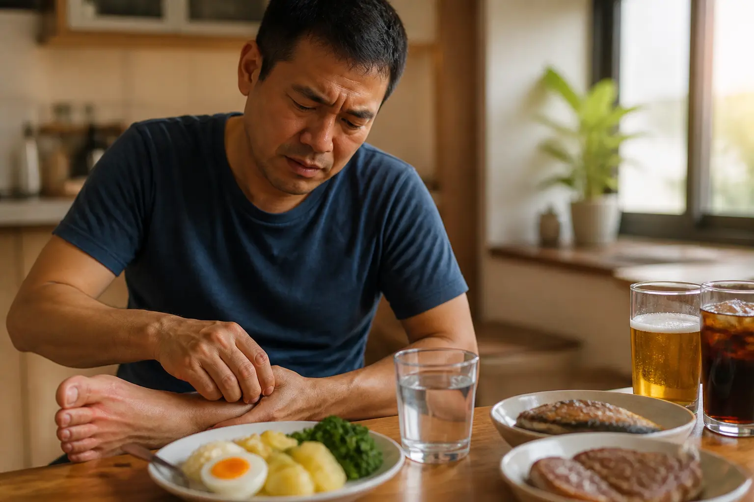 Personne souffrant de goutte, repas sain et aliments à éviter, acide urique aliment interdit, intérieur chaleureux.