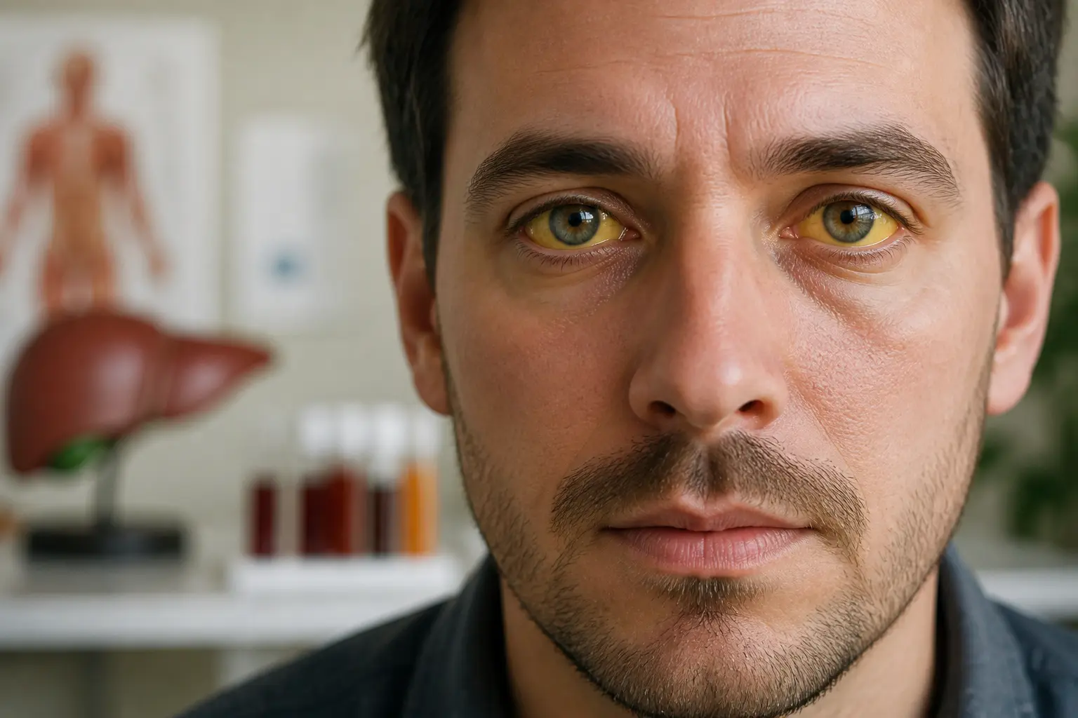Gros plan réaliste d’un visage avec blanc yeux jaune, ambiance médicale douce et fond de cabinet flou