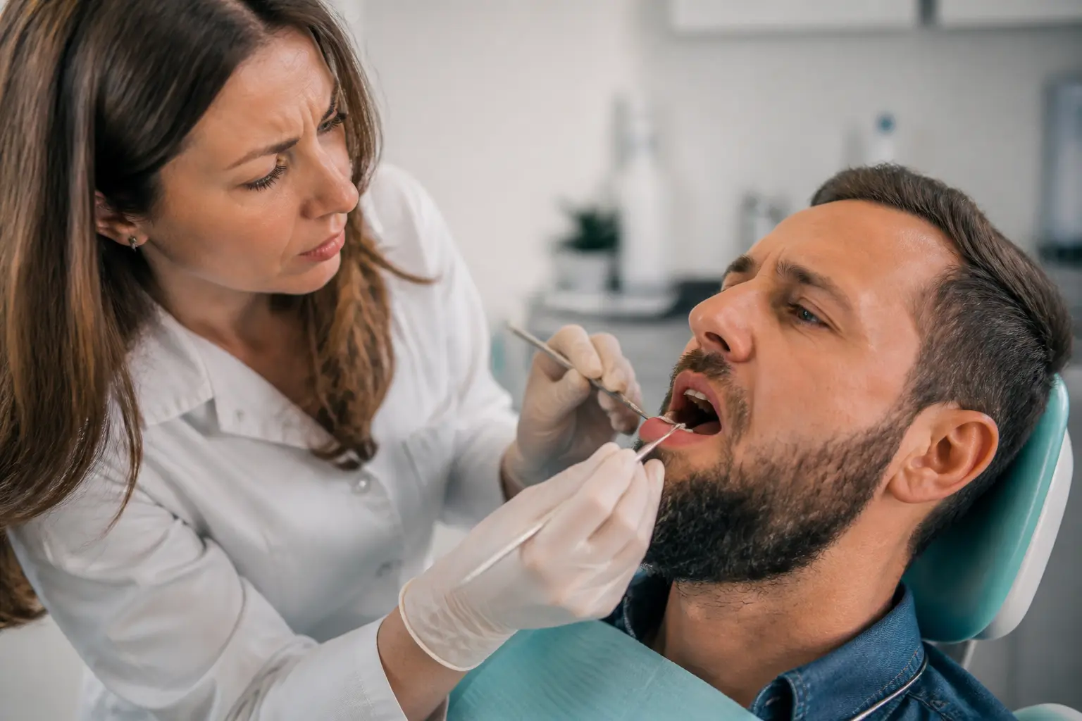 Dentiste examinant des gencives rétractées, illustrant comment stopper un déchaussement dentaire en clinique moderne
