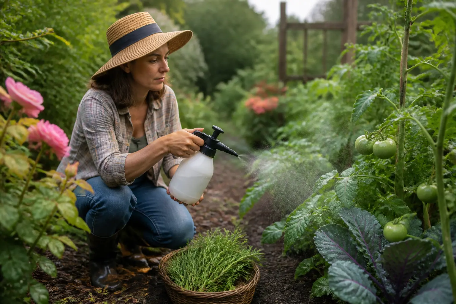 Décoction de prêle en pulvérisation dans un potager luxuriant, jardinier, panier de prêle, tomates et rosiers après la pluie