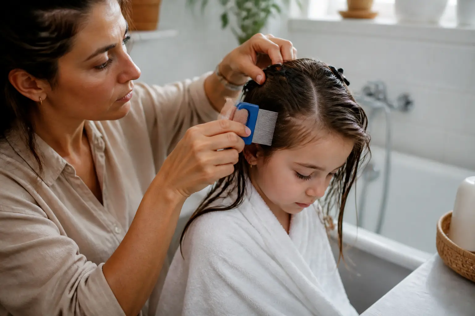 Parent peignant les cheveux mouillés d’un enfant pour decoller lentes, avec peigne fin, serviette et après-shampoing.