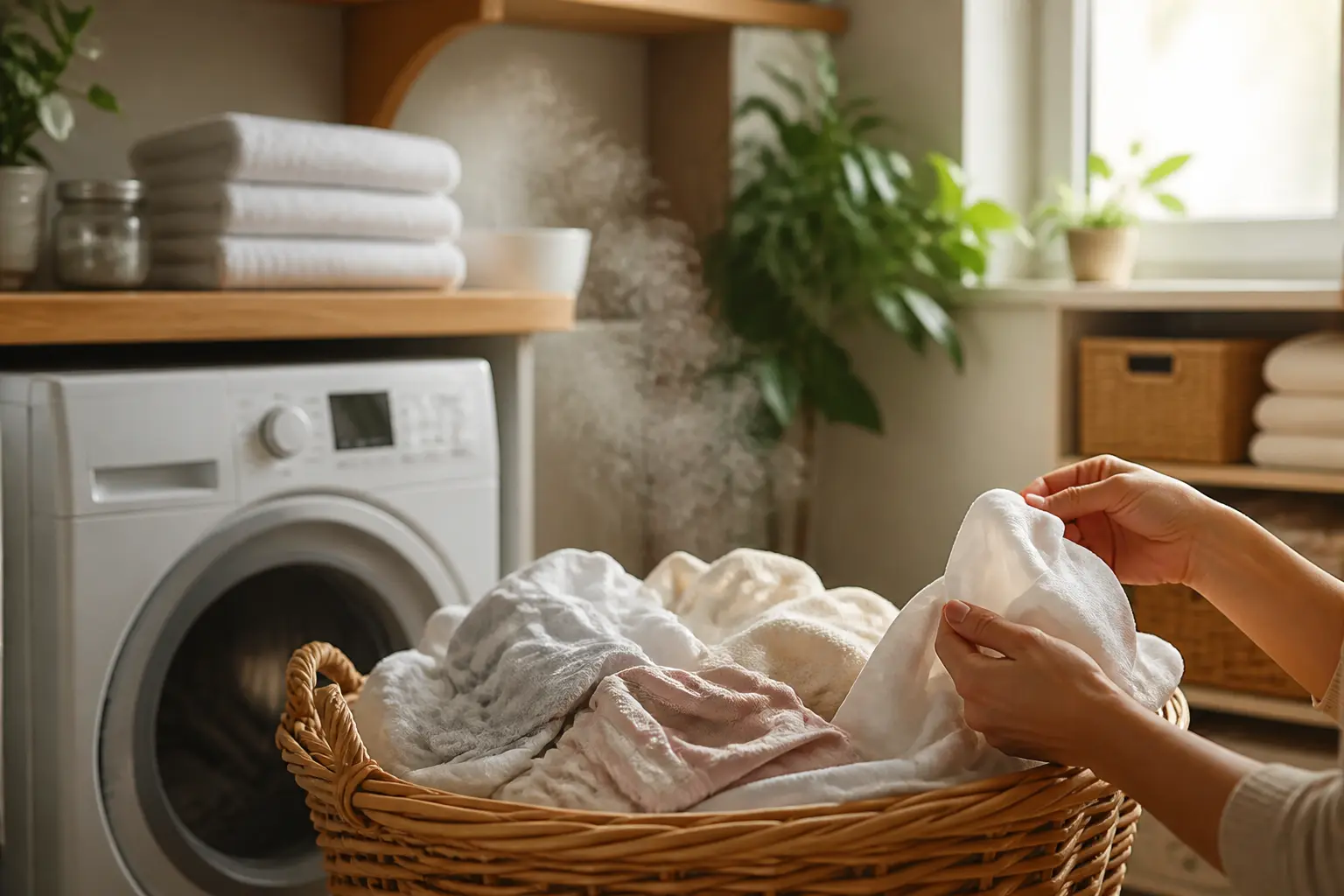 Laver et désinfecter du linge dans une buanderie moderne avec machine, panier de textiles et linge plié propre