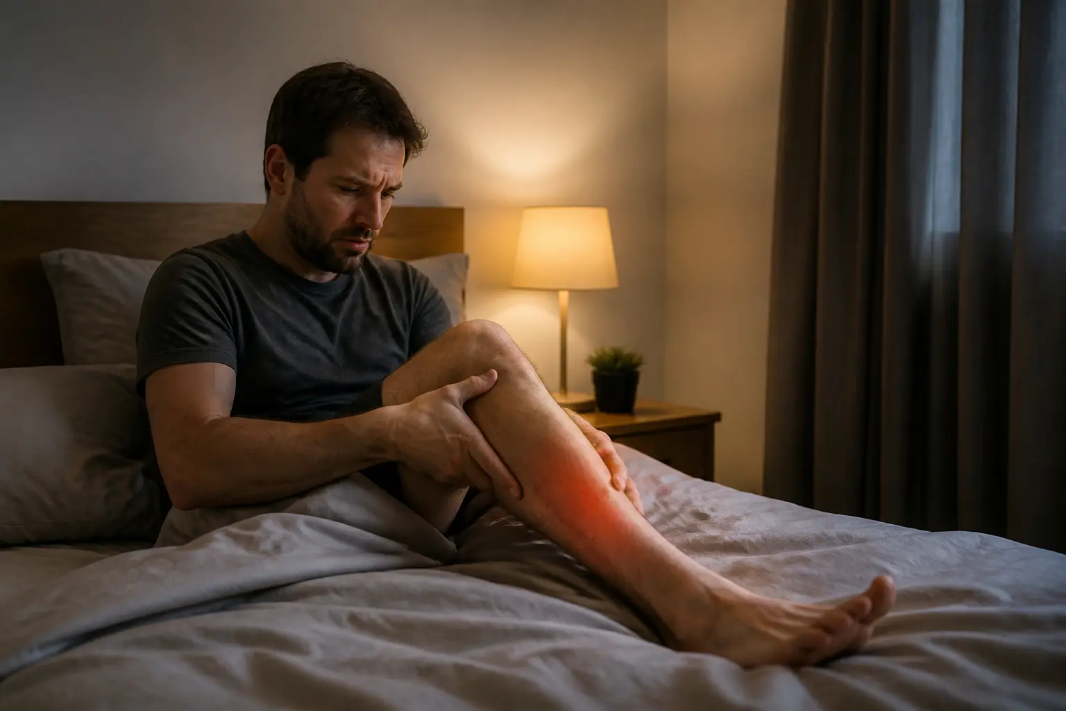 Douleur au mollet au repos : personne allongée au lit, tenant son mollet avec gêne, ambiance chambre calme, lumière douce