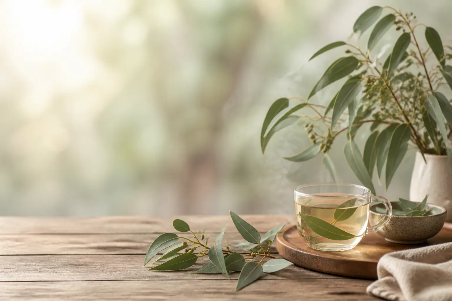 Eucalyptus bienfaits : branche d’eucalyptus, tasse, bol et tissu sur bois, ambiance naturelle apaisante pour la respiration
