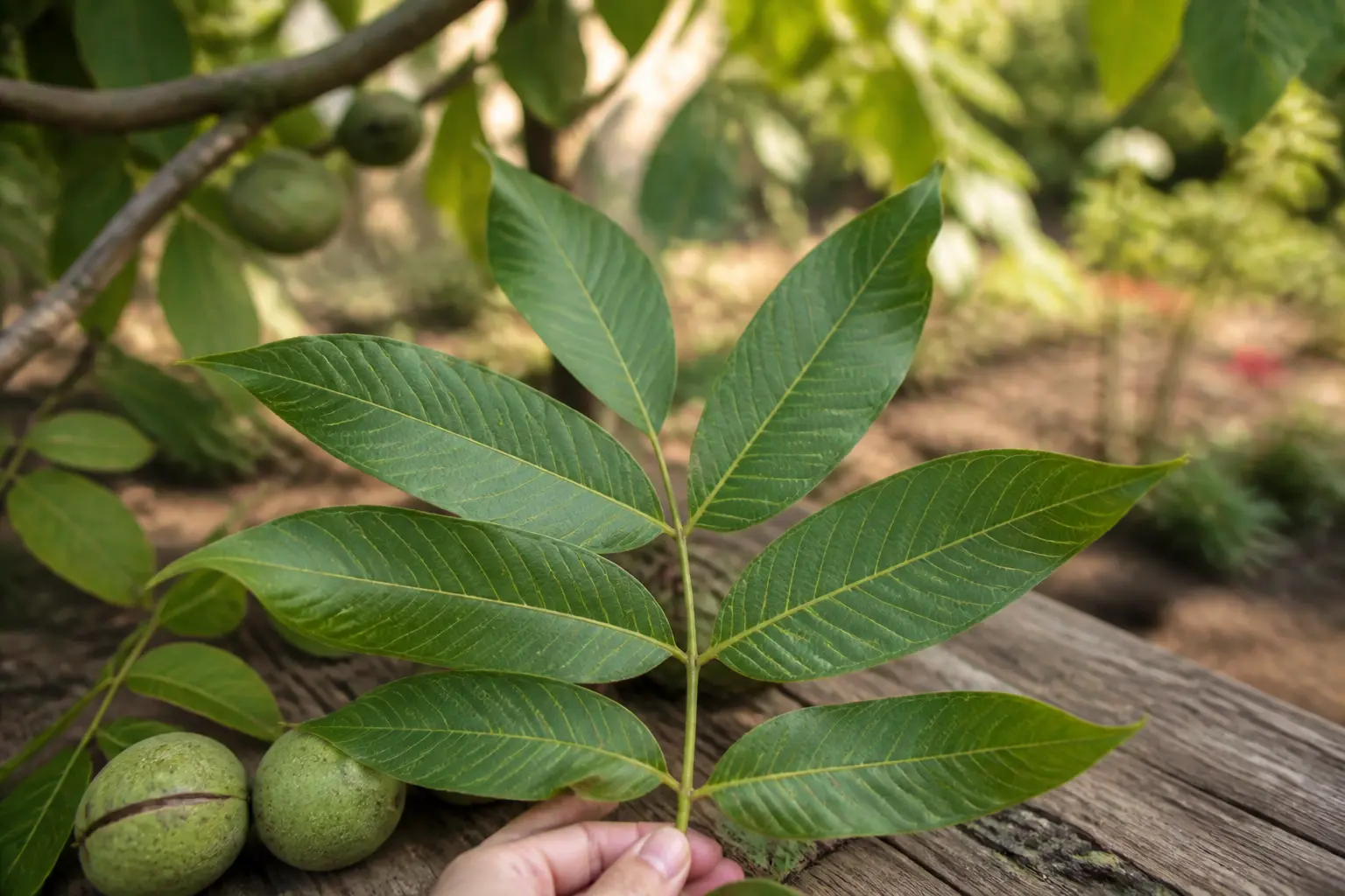 Feuille du noyer en gros plan sur bois rustique, avec branche et jardin flous en arrière-plan, lumière naturelle.