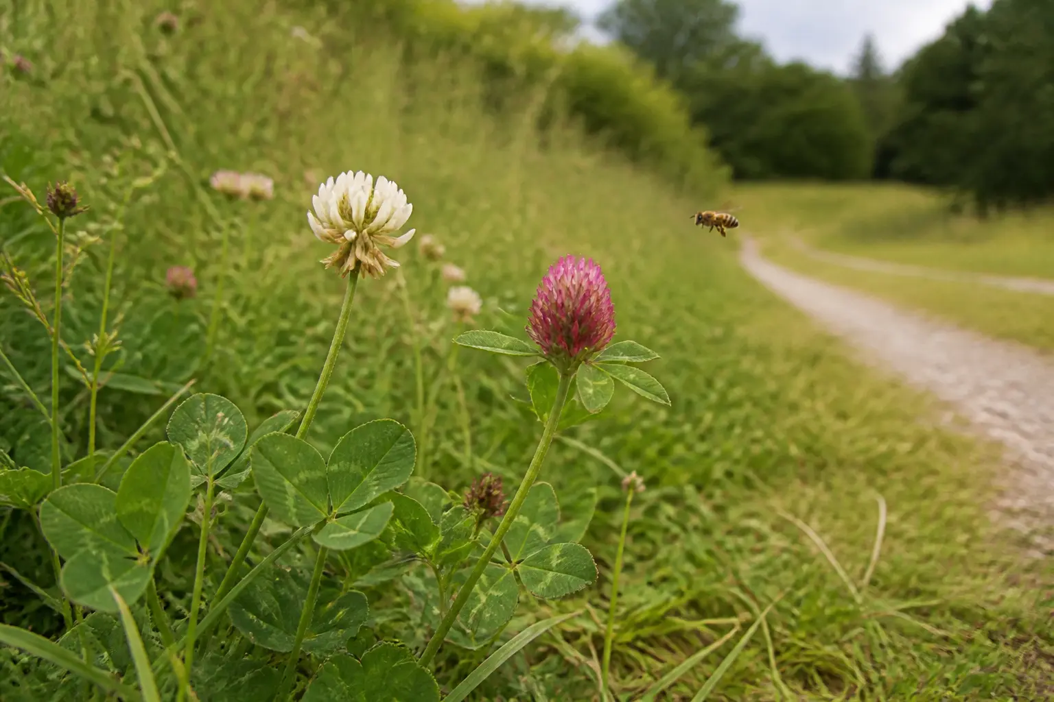 Fleur de trèfle blanche et rouge au bord d’un chemin, feuillage trifolié, prairie douce et abeilles en fond