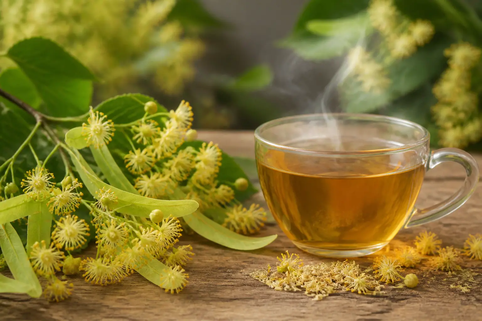 Fleur du tilleul fraîche et infusion dorée dans une tasse en verre, sur bois rustique, ambiance naturelle apaisante