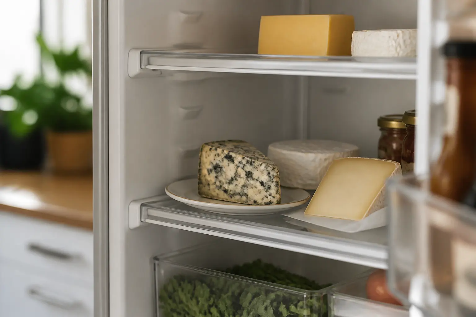 Frigo ouvert avec fromage moisi au premier plan et fromages sains à côté, scène réaliste sur la sécurité alimentaire
