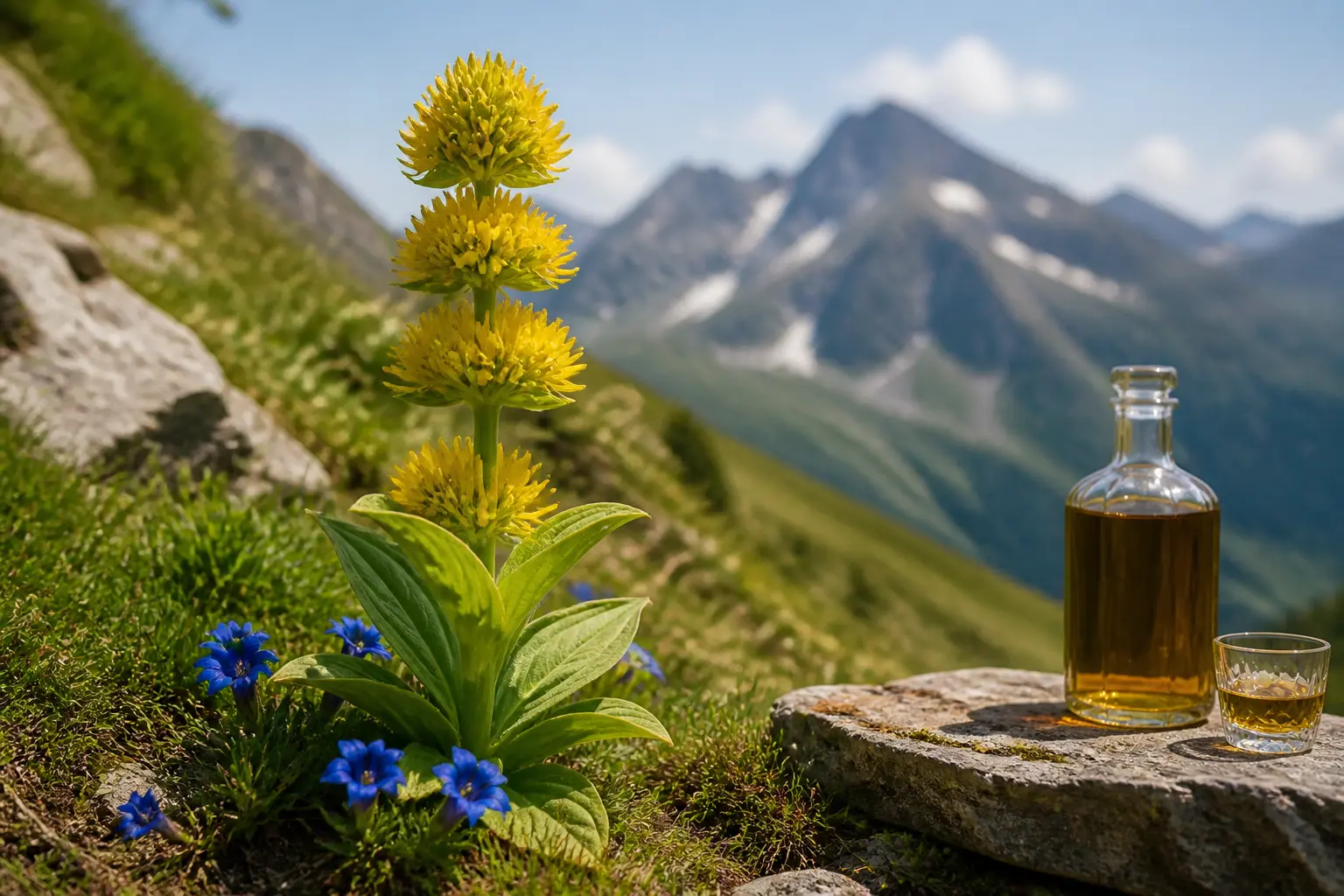 Gentianes alpines bleues et grande gentiane jaune en montagne, avec bouteille d’amer aux herbes sur fond naturel.