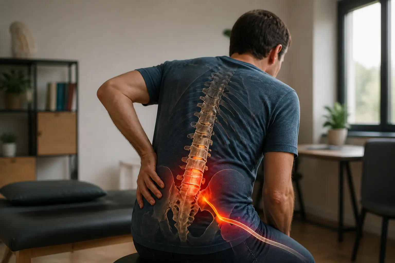 Hernie foraminale : visualisation médicale d’une racine nerveuse comprimée, avec douleur irradiant du dos à la jambe.