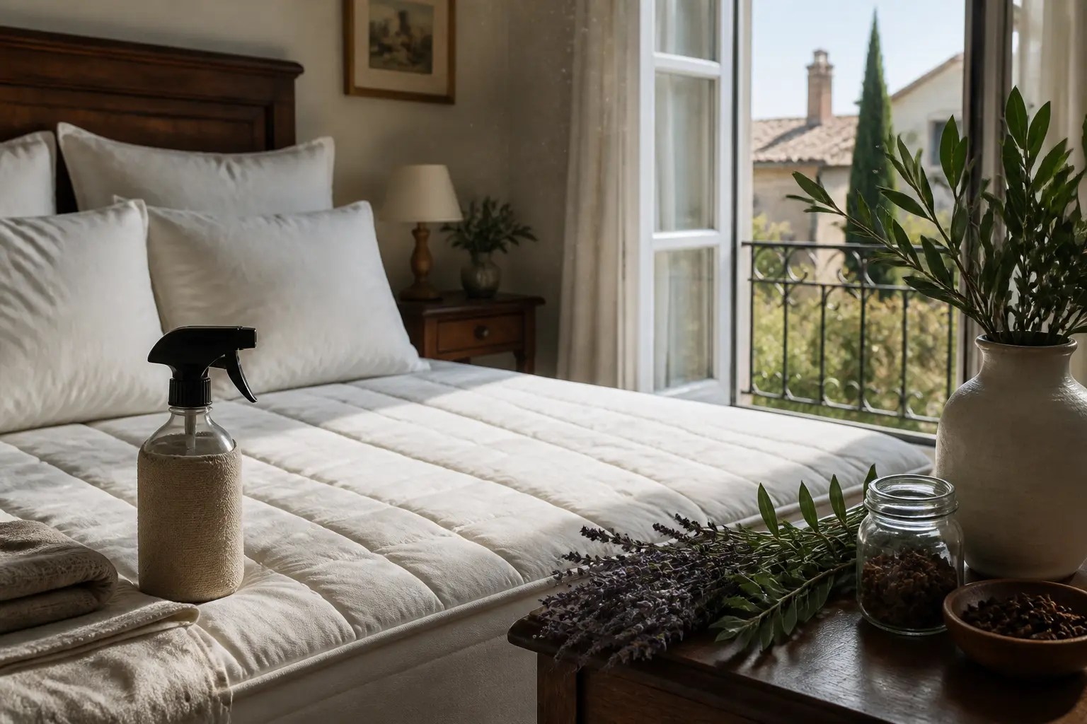 Chambre naturelle avec lit, spray textile, lavande et tea tree, illustrant l’huile essentielle anti acarien pour l’entretien doux.