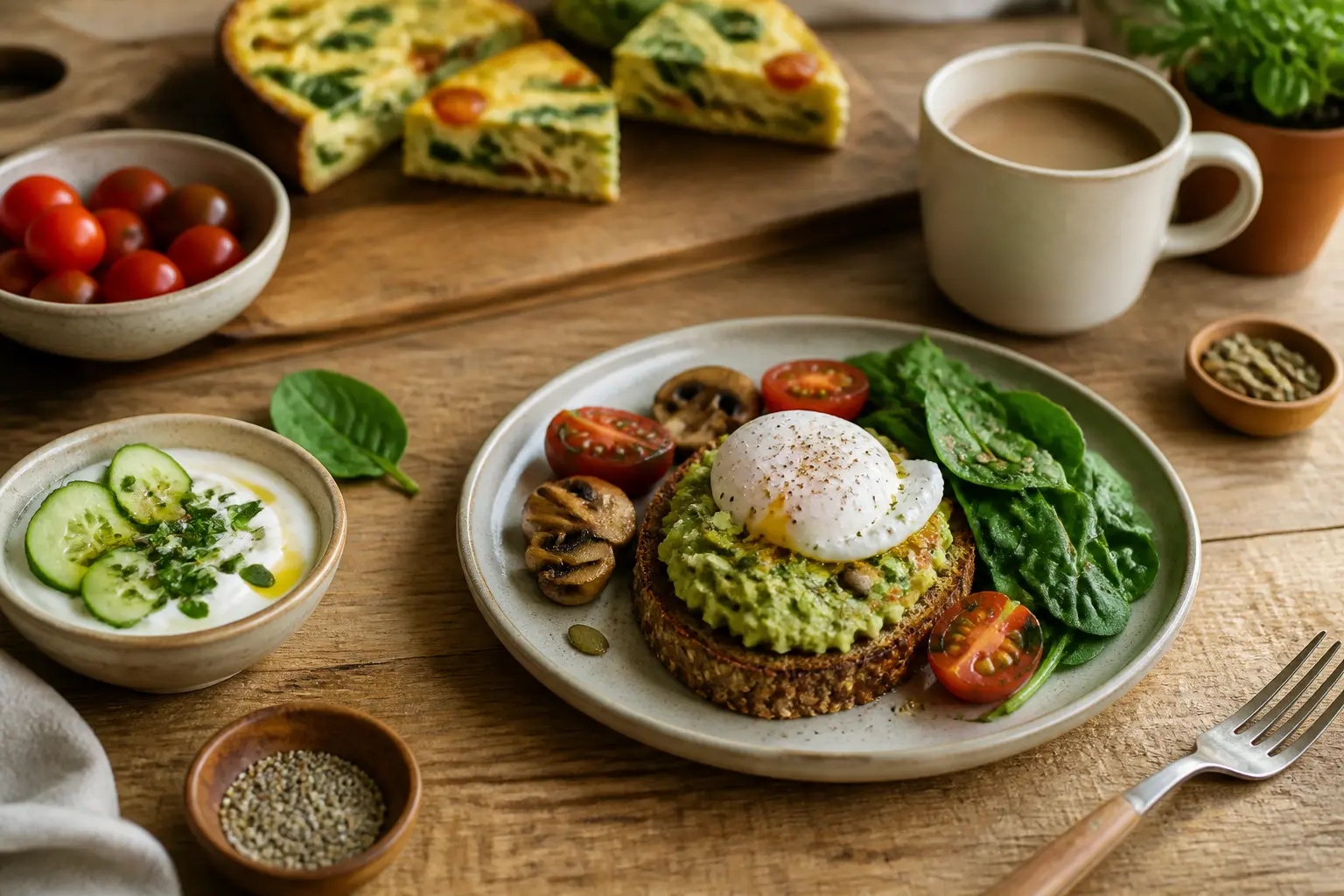 Petit dejeuner salé sain sur table rustique : toast avocat-œuf poché, yaourt grec, tomates, épinards, café, style éditorial.