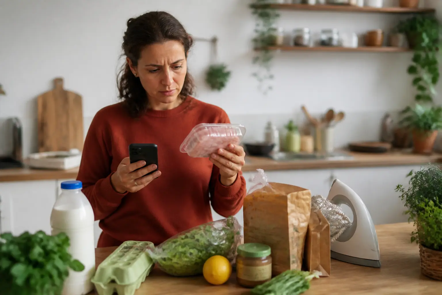 Consommateur vérifiant des produits rappelés en cuisine, smartphone d’alerte et courses fraîches, ambiance vigilante
