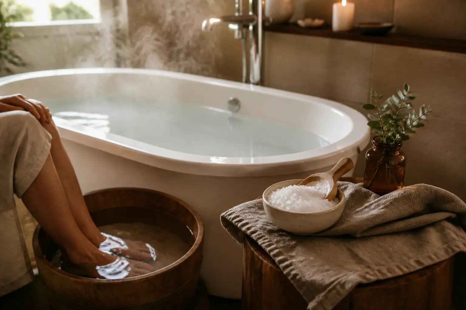 Bain chaud avec sel d’Epsom, bol de cristaux, cuillère en bois et bassin de trempage dans une salle de bain spa.