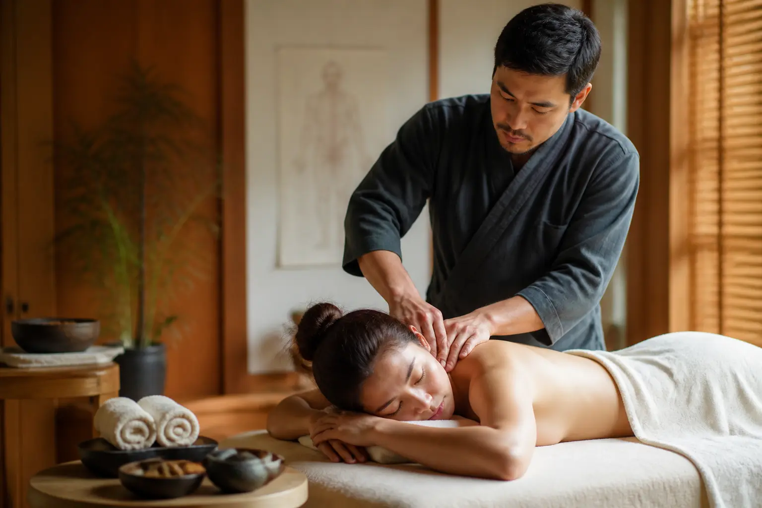Tuina-anmo massage en cabinet apaisant, praticien massant le dos et les épaules d’un client, ambiance bien-être naturelle