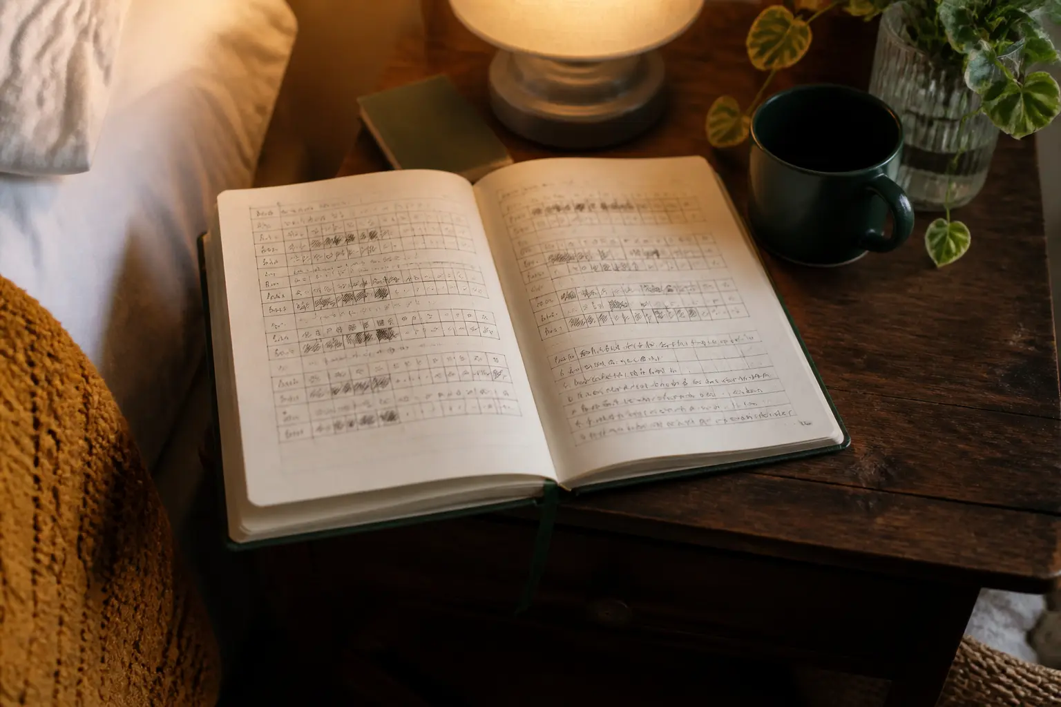 Agenda du sommeil ouvert sur une table de chevet, avec notes manuscrites dans une chambre calme et chaleureuse
